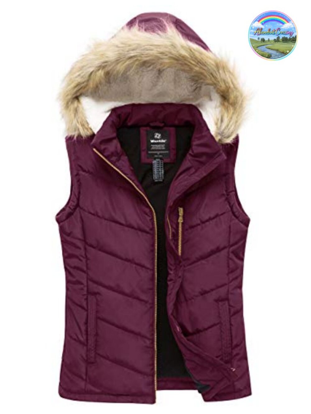 Women's Insulated Puffer Vest with Removable Faux Fur Hood, Waterproof &